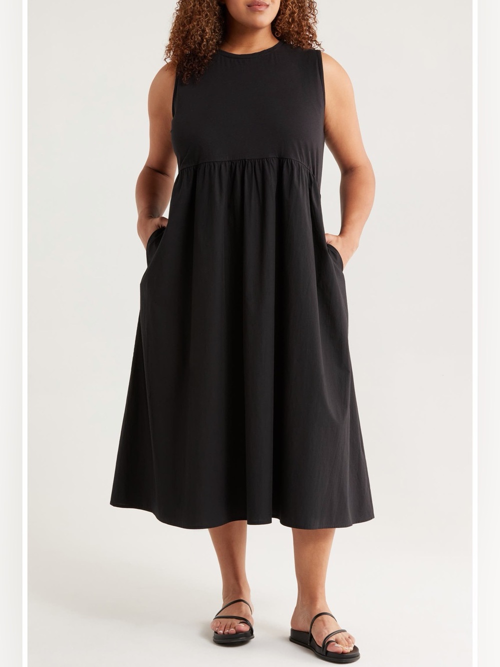 Eileen Fisher Women Black Jersey Cap-Sleeve Pockets Relaxed Midi Dress Medium